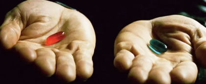 From the movie The Matrix, where there are hands and blue and red capsules in them